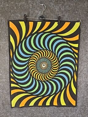 Vtg Trippy Psychedelic Scarf / Wall Art / Head Wrap, Black Orange Blue, 28"